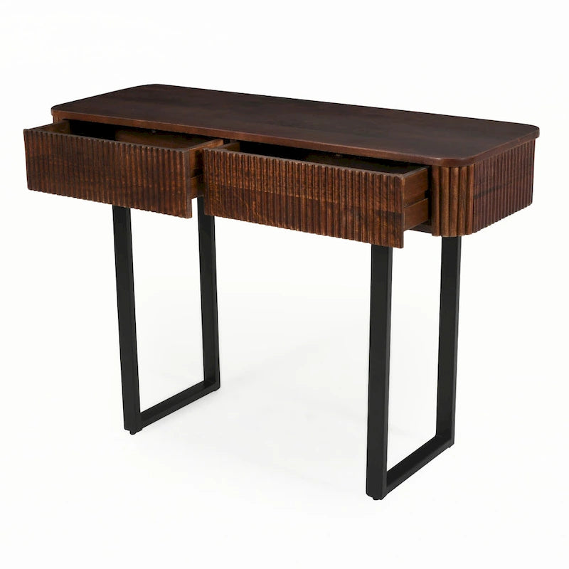 Eingangstisch aus Massivholz mit gerilltem Design, Honig und Schwarz