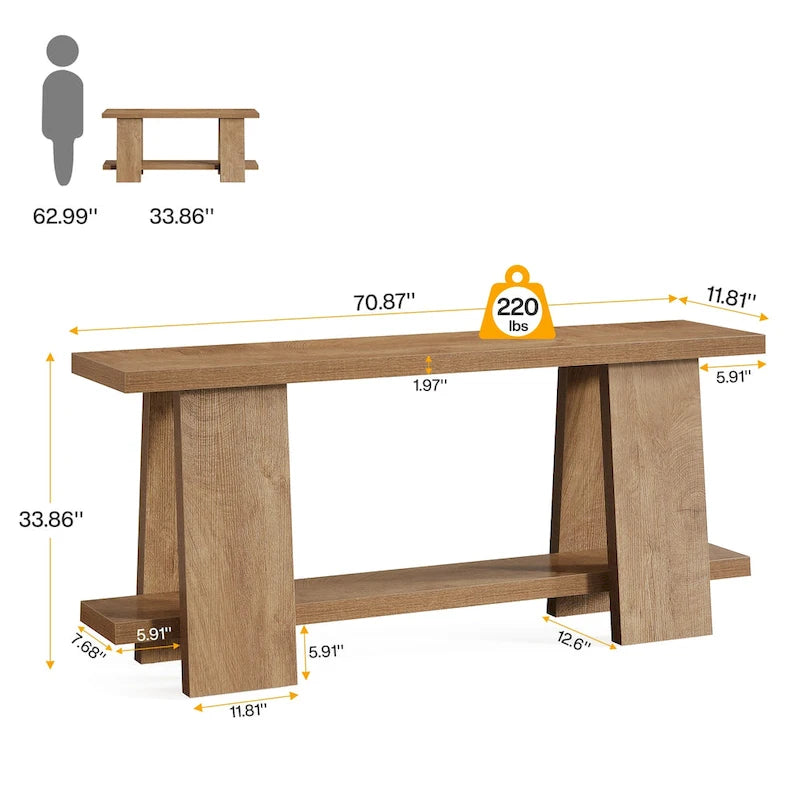 70,8 Zoll großer Sofatisch, moderner 2-stöckiger Konsolentisch für den Eingangsbereich - 70,8 L x 11,81 B x 33,4 H