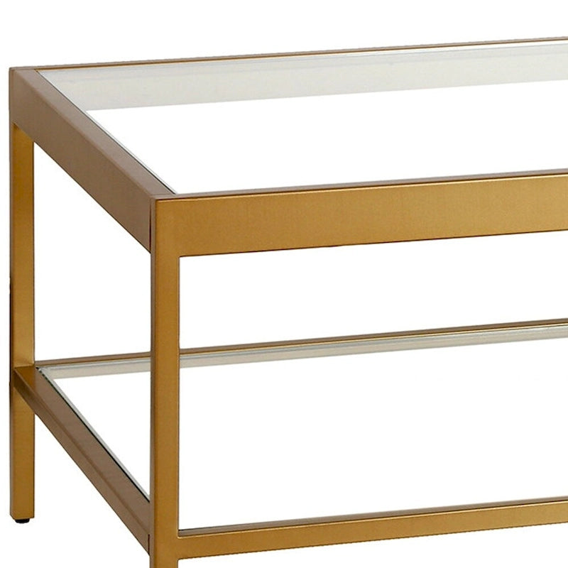 Moderner rechteckiger Couchtisch, 54 Zoll, Glasplatte mit Stahlfuß, unterer Ablageboden, perfekt für das Wohnzimmer