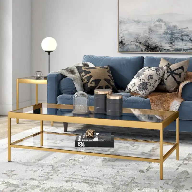 Moderner rechteckiger Couchtisch, 54 Zoll, Glasplatte mit Stahlfuß, unterer Ablageboden, perfekt für das Wohnzimmer