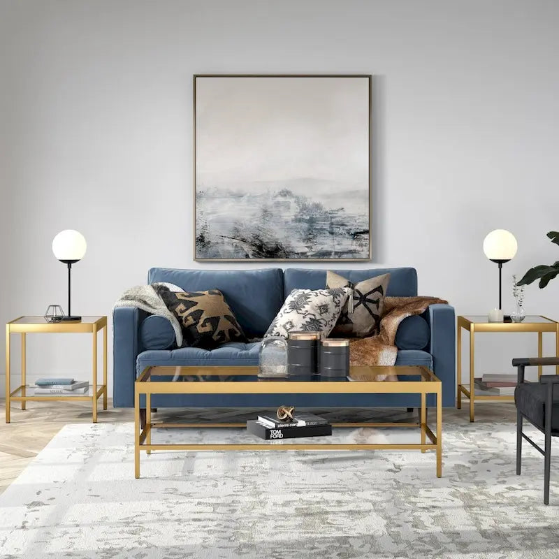 Moderner rechteckiger Couchtisch, 54 Zoll, Glasplatte mit Stahlfuß, unterer Ablageboden, perfekt für das Wohnzimmer