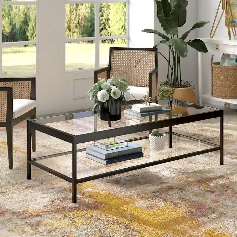 Moderner rechteckiger Couchtisch, 54 Zoll, Glasplatte mit Stahlfuß, unterer Ablageboden, perfekt für das Wohnzimmer