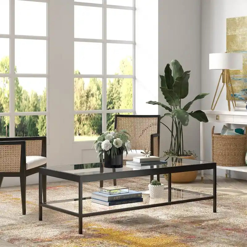Moderner rechteckiger Couchtisch, 54 Zoll, Glasplatte mit Stahlfuß, unterer Ablageboden, perfekt für das Wohnzimmer