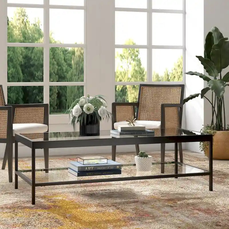 Moderner rechteckiger Couchtisch, 54 Zoll, Glasplatte mit Stahlfuß, unterer Ablageboden, perfekt für das Wohnzimmer
