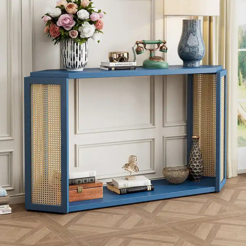 Pfeilförmiger Design Konsolentisch, Beistelltisch für den Eingangsbereich mit offenem Regal, Rattan-Sofatisch, Akzenttisch für Wohnzimmer und Flur