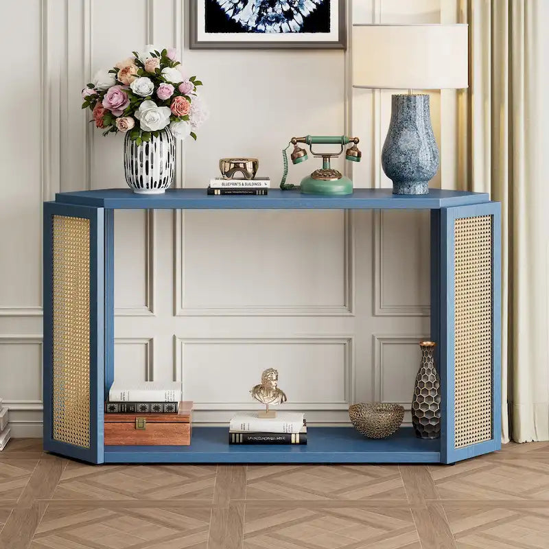 Pfeilförmiger Design Konsolentisch, Beistelltisch für den Eingangsbereich mit offenem Regal, Rattan-Sofatisch, Akzenttisch für Wohnzimmer und Flur
