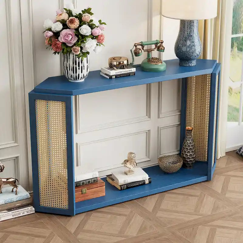 Pfeilförmiger Design Konsolentisch, Beistelltisch für den Eingangsbereich mit offenem Regal, Rattan-Sofatisch, Akzenttisch für Wohnzimmer und Flur