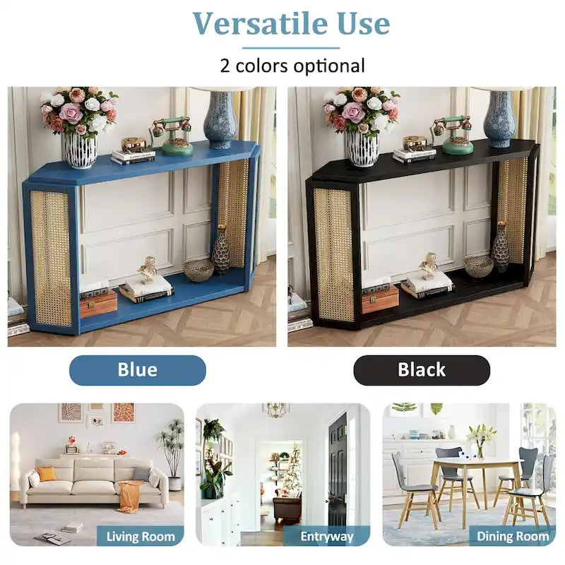 Pfeilförmiger Design Konsolentisch, Beistelltisch für den Eingangsbereich mit offenem Regal, Rattan-Sofatisch, Akzenttisch für Wohnzimmer und Flur