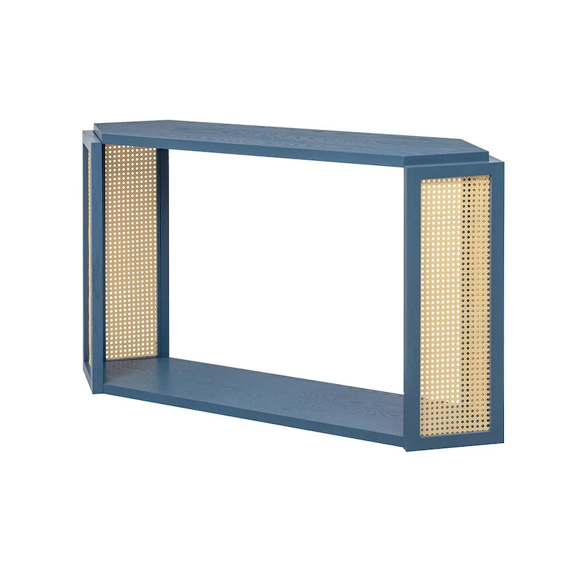 Pfeilförmiger Design Konsolentisch, Beistelltisch für den Eingangsbereich mit offenem Regal, Rattan-Sofatisch, Akzenttisch für Wohnzimmer und Flur