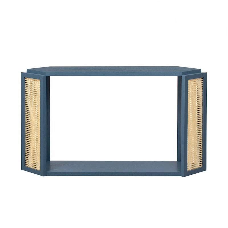 Pfeilförmiger Design Konsolentisch, Beistelltisch für den Eingangsbereich mit offenem Regal, Rattan-Sofatisch, Akzenttisch für Wohnzimmer und Flur