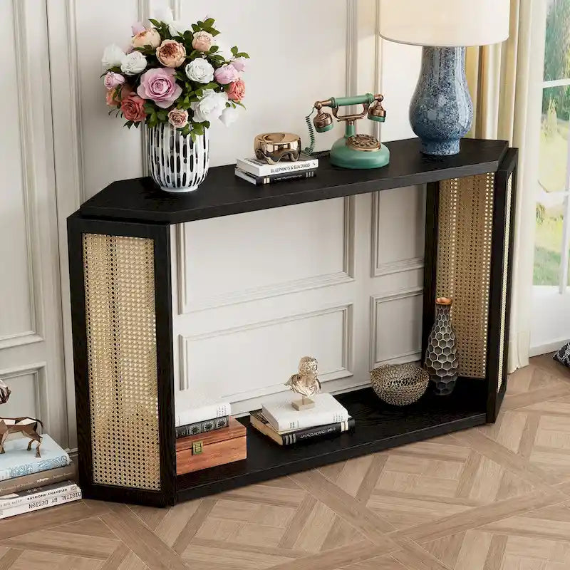 Pfeilförmiger Design Konsolentisch, Beistelltisch für den Eingangsbereich mit offenem Regal, Rattan-Sofatisch, Akzenttisch für Wohnzimmer und Flur