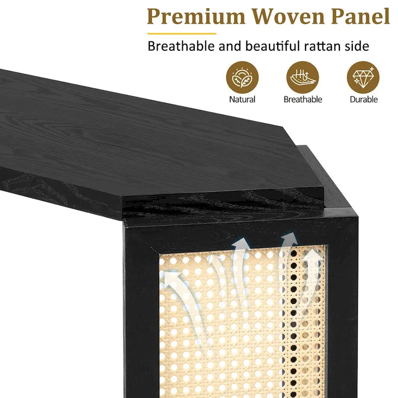 Pfeilförmiger Design Konsolentisch, Beistelltisch für den Eingangsbereich mit offenem Regal, Rattan-Sofatisch, Akzenttisch für Wohnzimmer und Flur