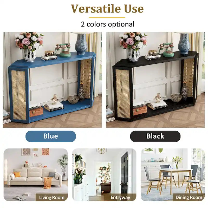 Pfeilförmiger Design Konsolentisch, Beistelltisch für den Eingangsbereich mit offenem Regal, Rattan-Sofatisch, Akzenttisch für Wohnzimmer und Flur