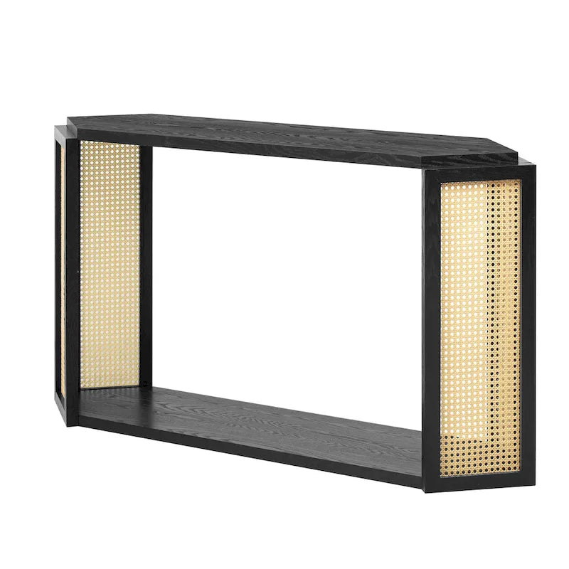 Pfeilförmiger Design Konsolentisch, Beistelltisch für den Eingangsbereich mit offenem Regal, Rattan-Sofatisch, Akzenttisch für Wohnzimmer und Flur