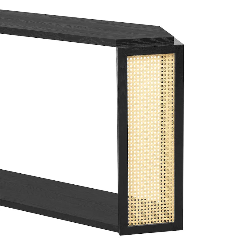 Pfeilförmiger Design Konsolentisch, Beistelltisch für den Eingangsbereich mit offenem Regal, Rattan-Sofatisch, Akzenttisch für Wohnzimmer und Flur