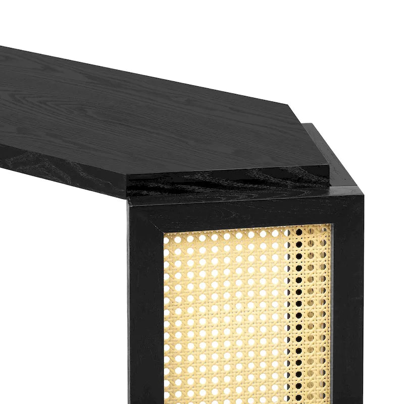 Pfeilförmiger Design Konsolentisch, Beistelltisch für den Eingangsbereich mit offenem Regal, Rattan-Sofatisch, Akzenttisch für Wohnzimmer und Flur