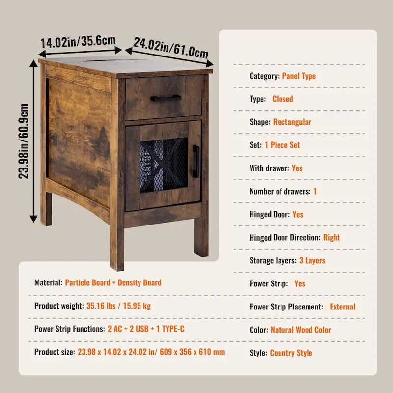 Nachttisch aus Naturholzspanplatte mit Schublade und Steckdosenleiste – 60,9 cm L x 35,6 cm B x 61 cm H