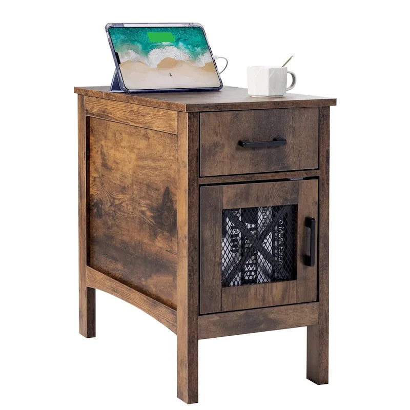 Nachttisch aus Naturholzspanplatte mit Schublade und Steckdosenleiste – 60,9 cm L x 35,6 cm B x 61 cm H