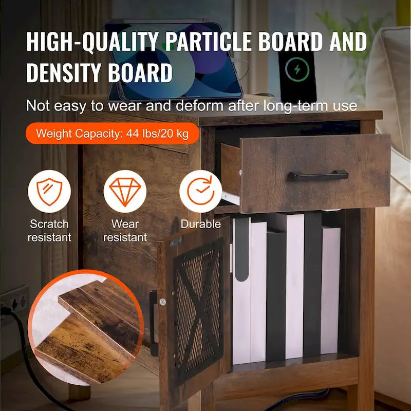 Nachttisch aus Naturholzspanplatte mit Schublade und Steckdosenleiste – 60,9 cm L x 35,6 cm B x 61 cm H