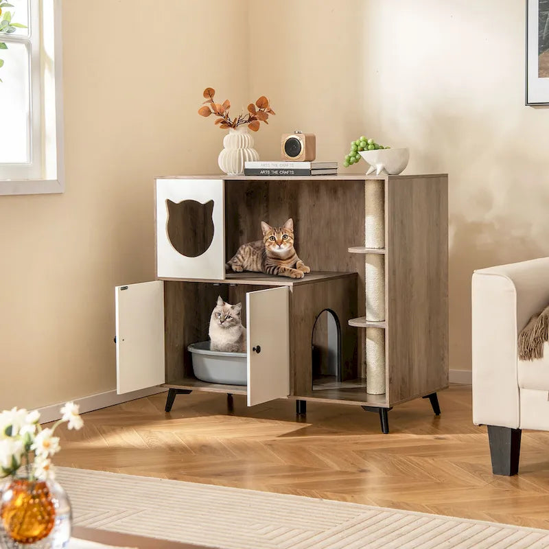 Gymax Katzenklo-Gehäuse 5-in-1 Vergrößerter Katzenklo-Schrank