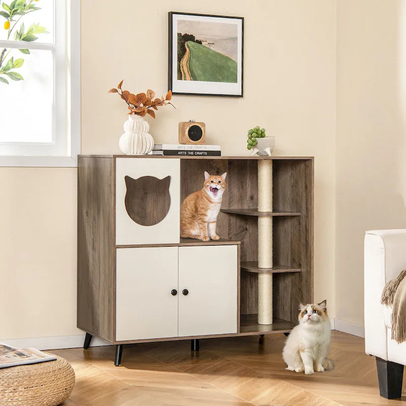 Gymax Katzenklo-Gehäuse 5-in-1 Vergrößerter Katzenklo-Schrank