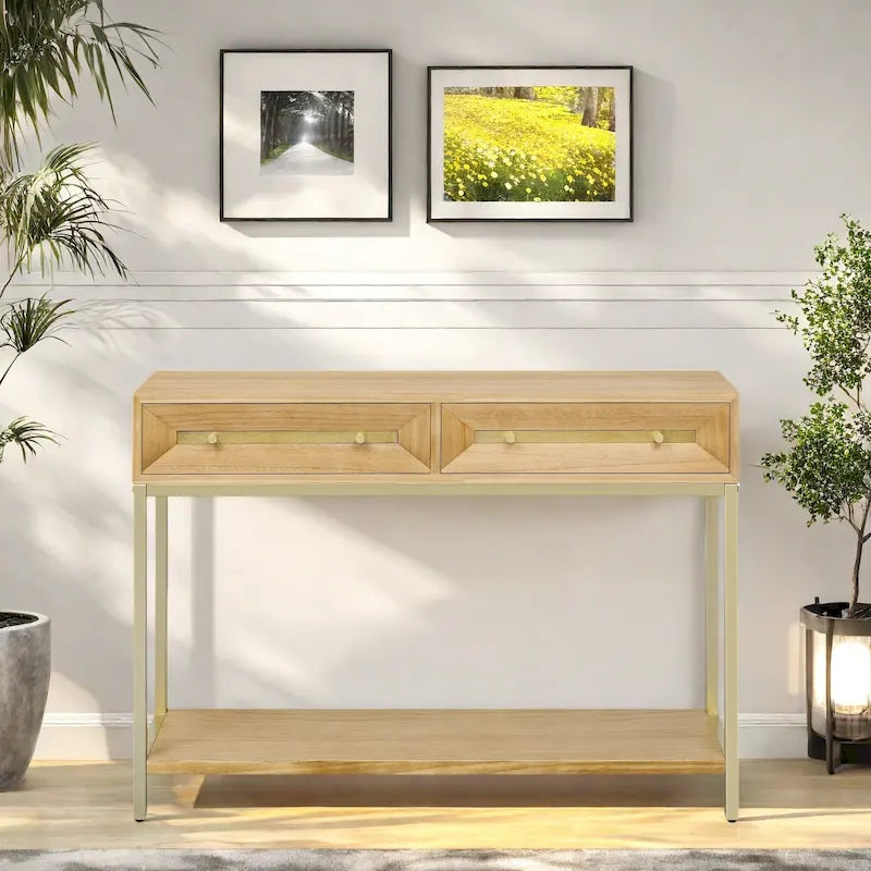 45,5 MDF Retro-Konsolentisch mit goldenen Akzenten, 2 Aufbewahrungsschubladen und geometrischem Design