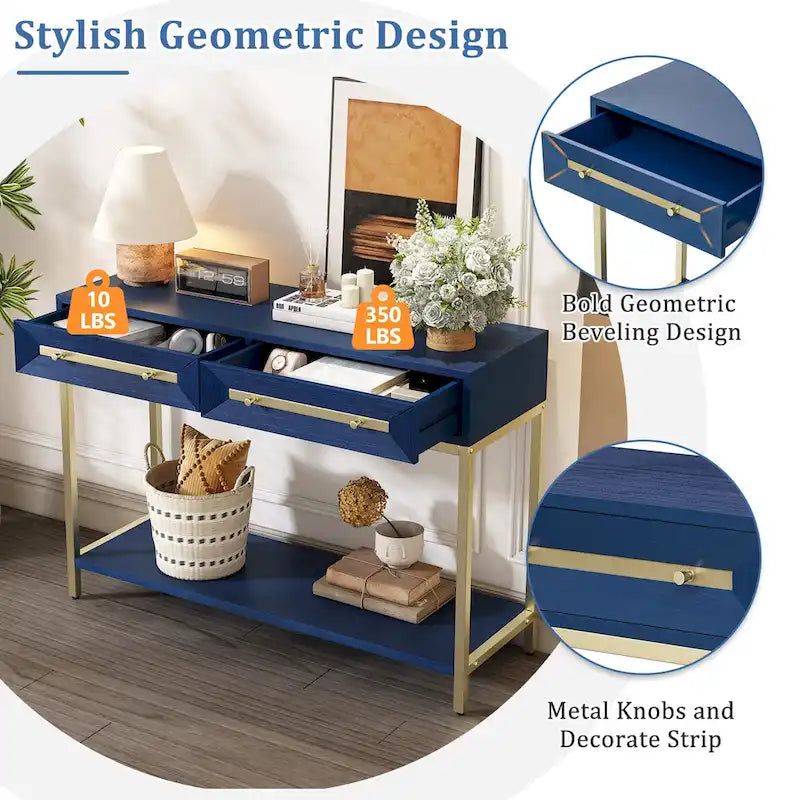 45,5 MDF Retro-Konsolentisch mit goldenen Akzenten, 2 Aufbewahrungsschubladen und geometrischem Design