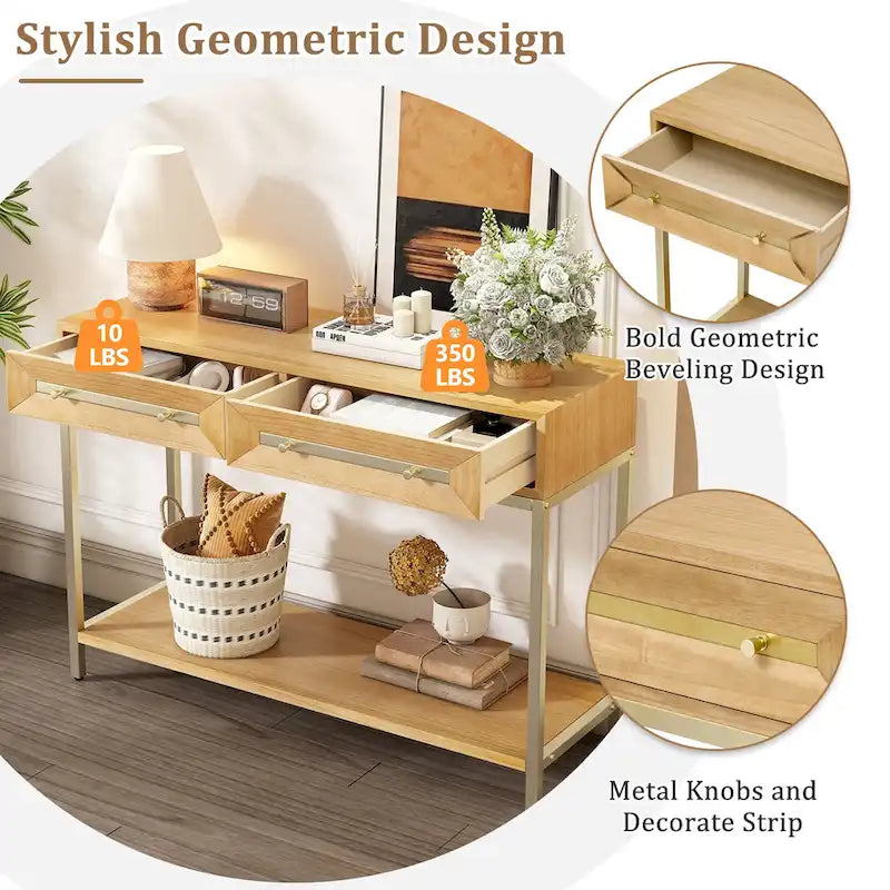 45,5 MDF Retro-Konsolentisch mit goldenen Akzenten, 2 Aufbewahrungsschubladen und geometrischem Design