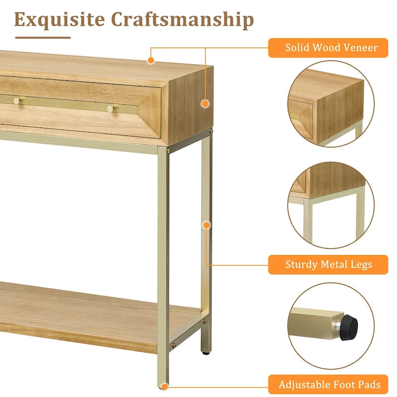 45,5 MDF Retro-Konsolentisch mit goldenen Akzenten, 2 Aufbewahrungsschubladen und geometrischem Design