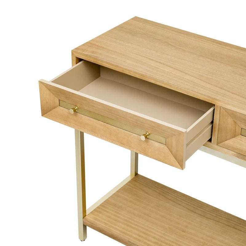 45,5 MDF Retro-Konsolentisch mit goldenen Akzenten, 2 Aufbewahrungsschubladen und geometrischem Design