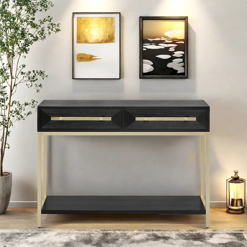 45,5 MDF Retro-Konsolentisch mit goldenen Akzenten, 2 Aufbewahrungsschubladen und geometrischem Design