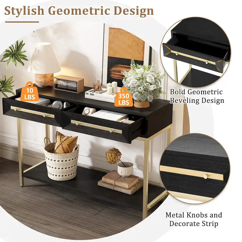 45,5 MDF Retro-Konsolentisch mit goldenen Akzenten, 2 Aufbewahrungsschubladen und geometrischem Design