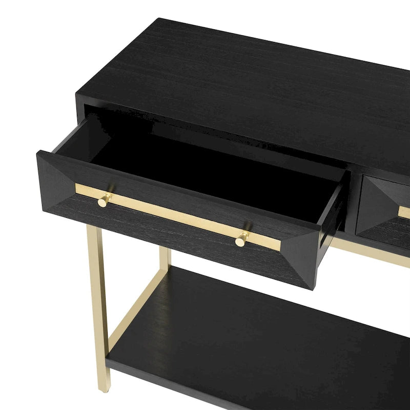 45,5 MDF Retro-Konsolentisch mit goldenen Akzenten, 2 Aufbewahrungsschubladen und geometrischem Design