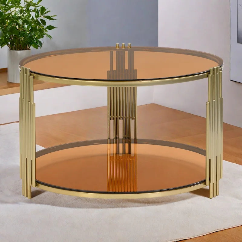 31,5 gehärteter Glas-Couchtisch mit asymmetrischem Metalldesign und Ablagefach