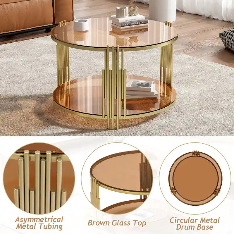 31,5 gehärteter Glas-Couchtisch mit asymmetrischem Metalldesign und Ablagefach