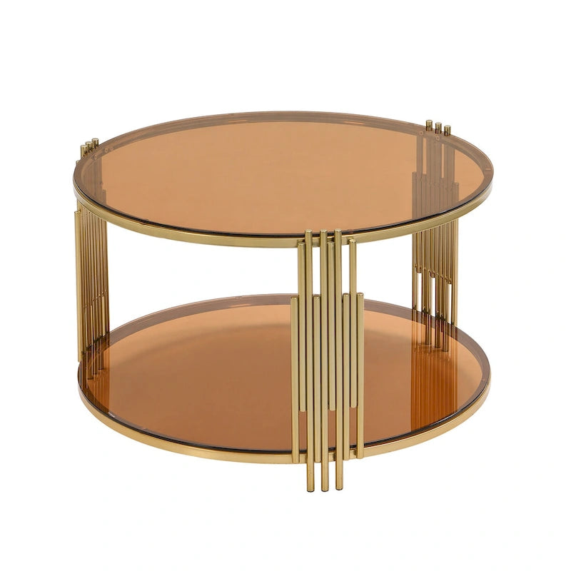 31,5 gehärteter Glas-Couchtisch mit asymmetrischem Metalldesign und Ablagefach
