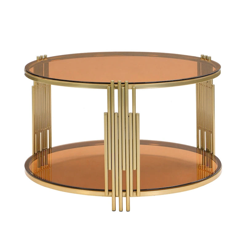 31,5 gehärteter Glas-Couchtisch mit asymmetrischem Metalldesign und Ablagefach