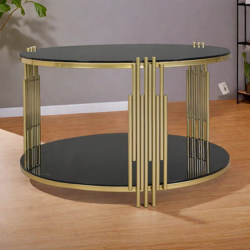 31,5 gehärteter Glas-Couchtisch mit asymmetrischem Metalldesign und Ablagefach