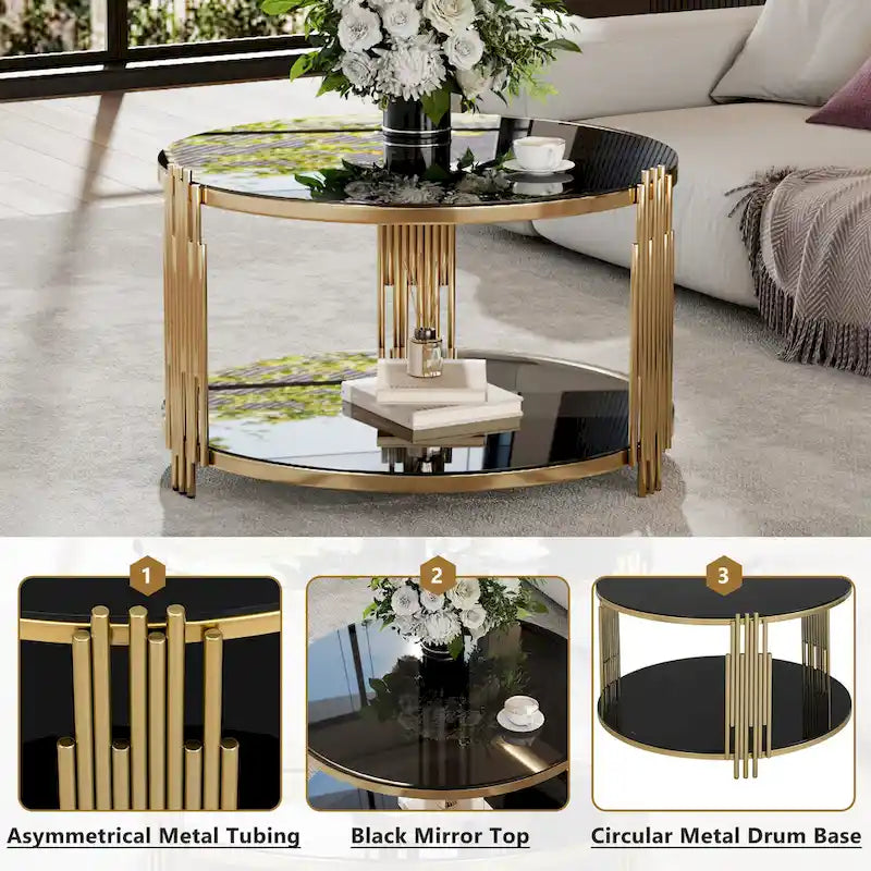 31,5 gehärteter Glas-Couchtisch mit asymmetrischem Metalldesign und Ablagefach