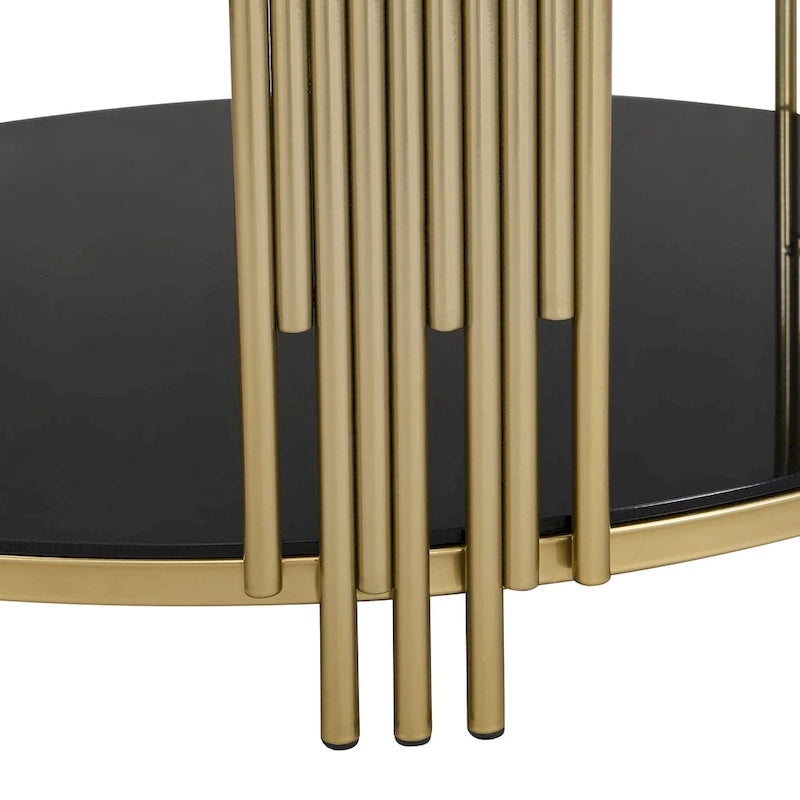 31,5 gehärteter Glas-Couchtisch mit asymmetrischem Metalldesign und Ablagefach