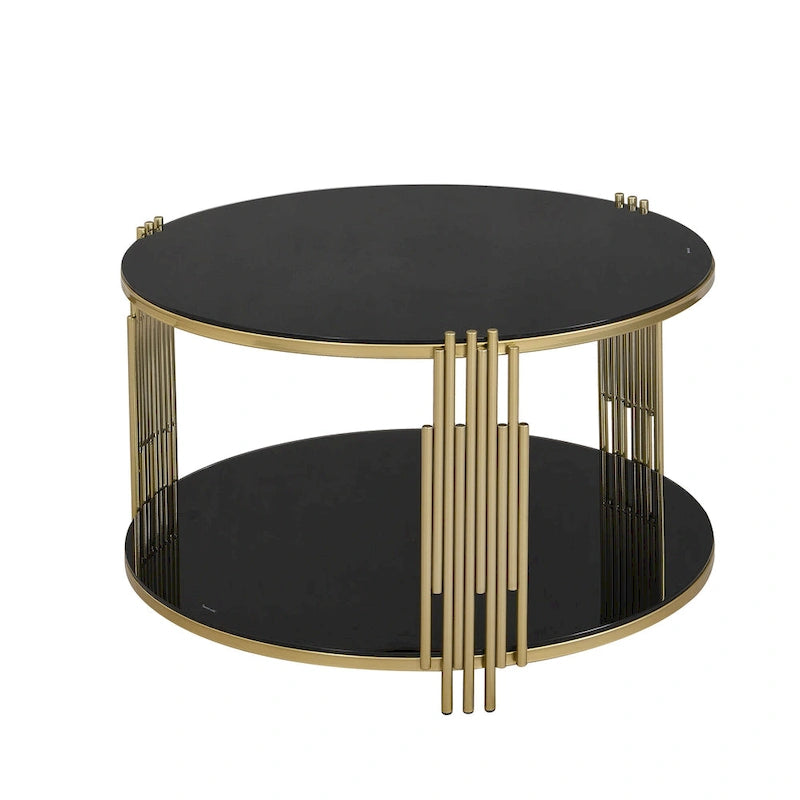 31,5 gehärteter Glas-Couchtisch mit asymmetrischem Metalldesign und Ablagefach