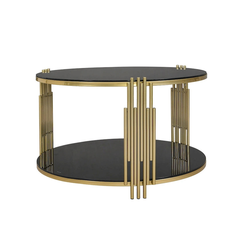 31,5 gehärteter Glas-Couchtisch mit asymmetrischem Metalldesign und Ablagefach