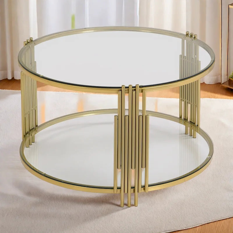 31,5 gehärteter Glas-Couchtisch mit asymmetrischem Metalldesign und Ablagefach