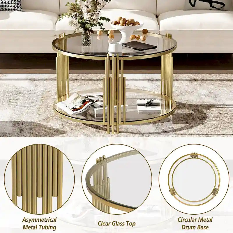 31,5 gehärteter Glas-Couchtisch mit asymmetrischem Metalldesign und Ablagefach