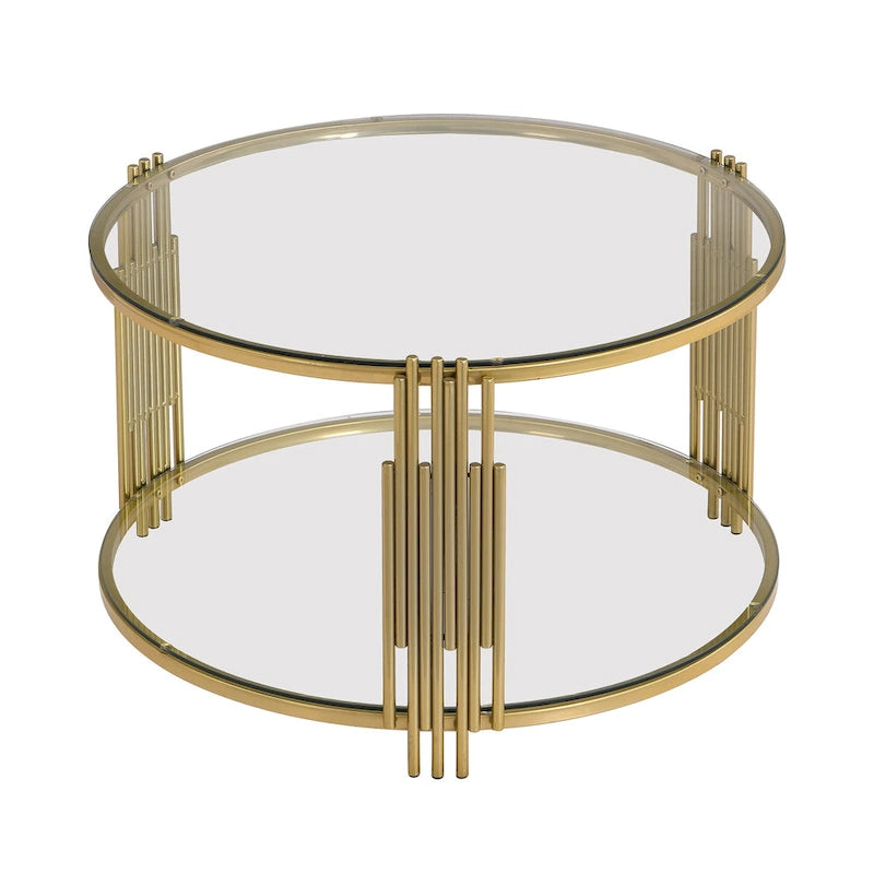 31,5 gehärteter Glas-Couchtisch mit asymmetrischem Metalldesign und Ablagefach