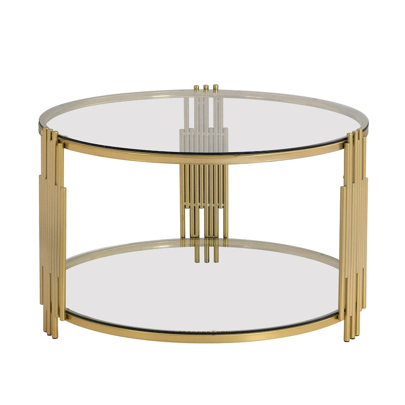 31,5 gehärteter Glas-Couchtisch mit asymmetrischem Metalldesign und Ablagefach