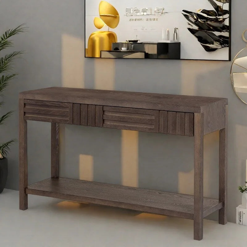 51.3 MDF Classic Stripe Konsolentisch – Eschefurnier & Tannenholzbeine mit 2 Schubladen