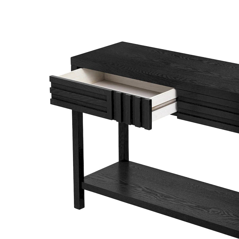 51.3 MDF Classic Stripe Konsolentisch – Eschefurnier & Tannenholzbeine mit 2 Schubladen