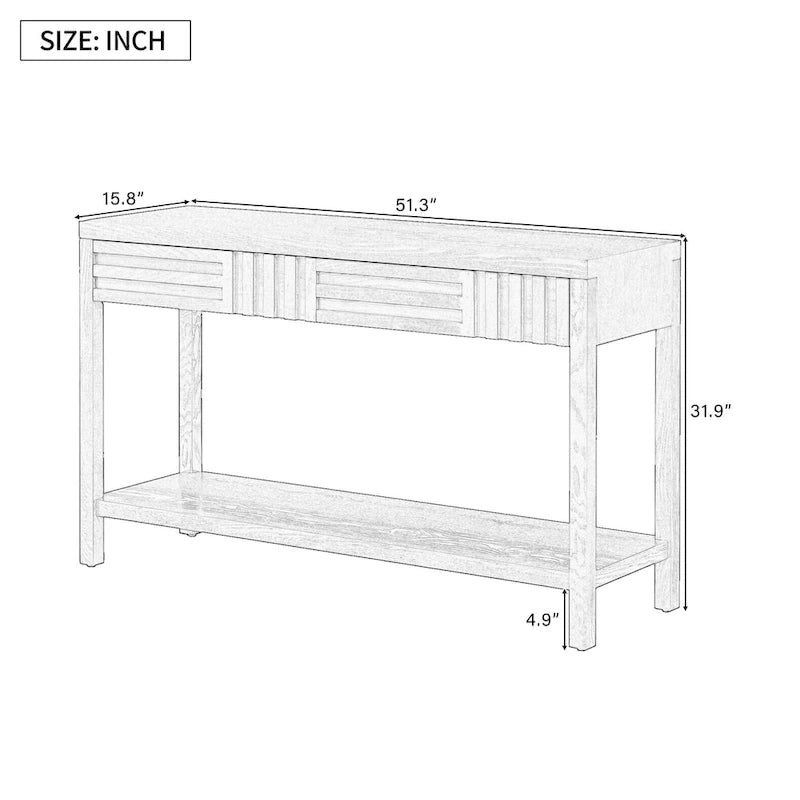 51.3 MDF Classic Stripe Konsolentisch – Eschefurnier & Tannenholzbeine mit 2 Schubladen