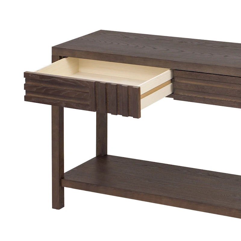 51.3 MDF Classic Stripe Konsolentisch – Eschefurnier & Tannenholzbeine mit 2 Schubladen